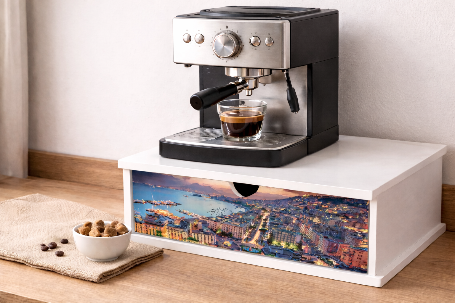 Porta Cialde e Capsule Caffè con Cassetto Organizer 33x33 cm in Legno White Napoli Golfo di Sera Contenitore per Cucina, Casa e Ufficio