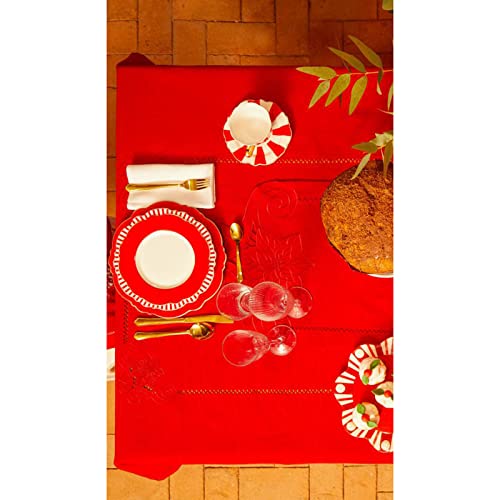 Tovaglia 12 posti 140x250 cotone tinta unita rosso con ricamo a intaglio Rouge
