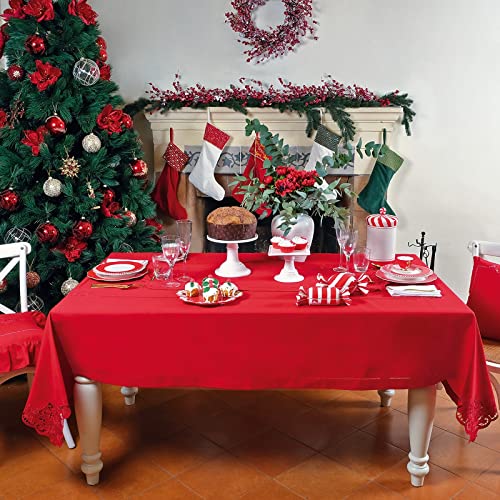 Tovaglia 12 posti 140x250 cotone tinta unita rosso con ricamo a intaglio Rouge