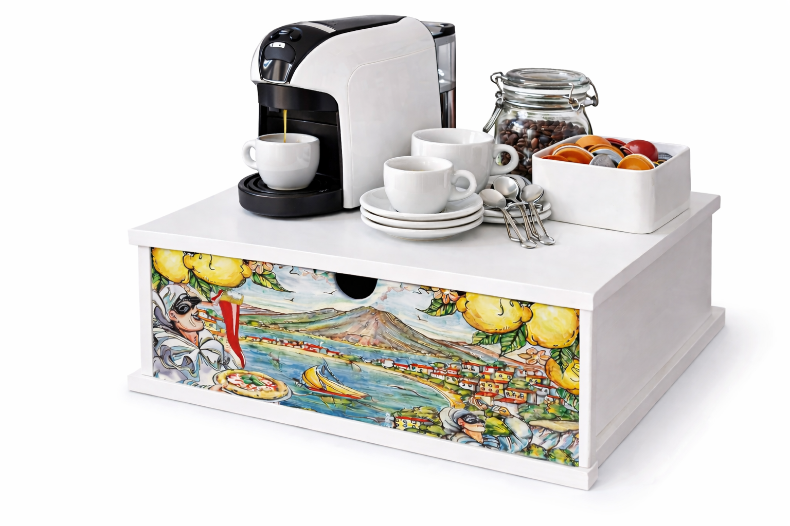 Porta Cialde e Capsule Caffè 33x33 cm in Legno con Cassetto Organizer – Decorazione Pulcinella Artigianale – Ideale per Cucina, Casa e Ufficio