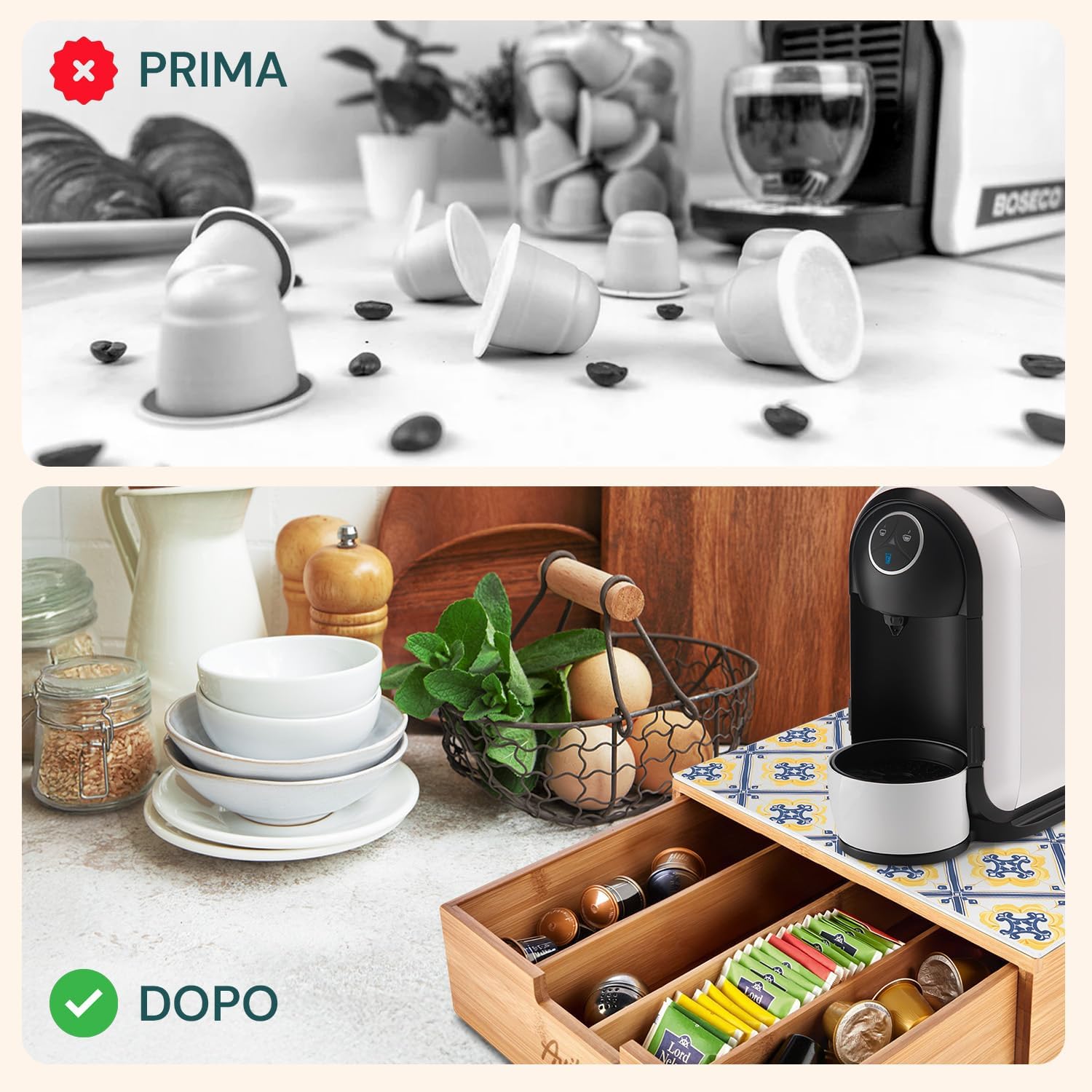 Porta Cialde e Capsule in Bambù con Cassetto Organizer e Piano in Vetro Temperato 30×30×10 cm con Decorazioni Maiolica