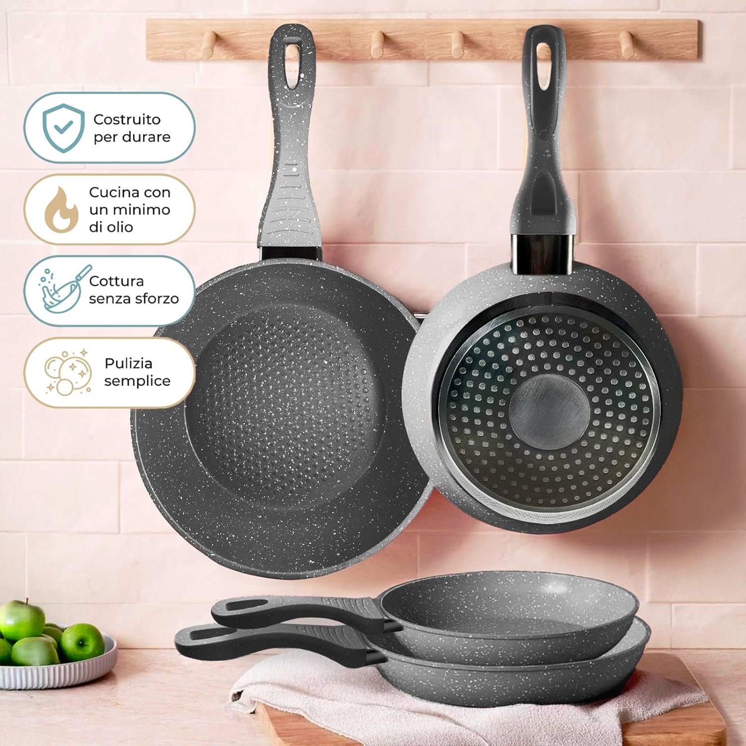 Set Padelle Antiaderenti 9 Pezzi Coperchi in Vetro Temperato Manico Removibile Senza PFOA Colore Grigio