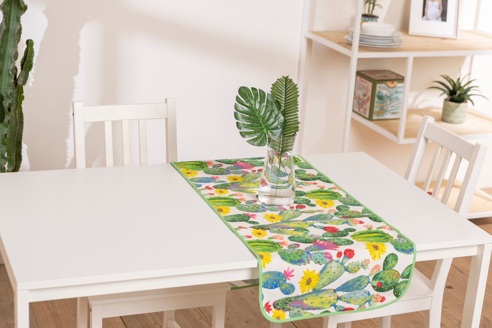 Runner Tavola Shabby Country con Motivo Cactus Centrotavola Decorativo per Soggiorno Cucina Salotto o Ingresso 140x40 cm