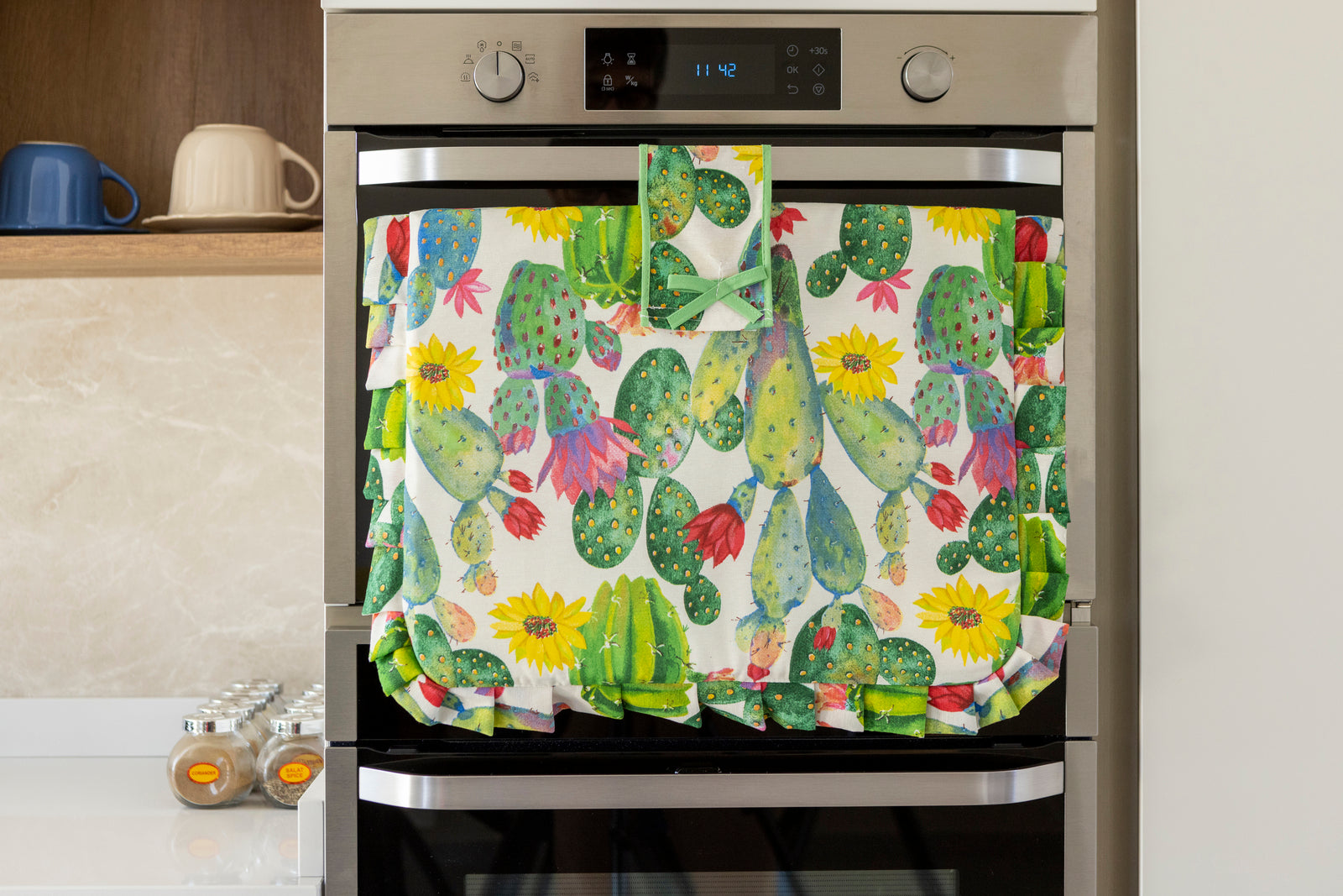 Set Copriforno e Coprifornello Stile Shabby Chic Country Cactus Imbottito Rettangolare Lavabile Set 1+1