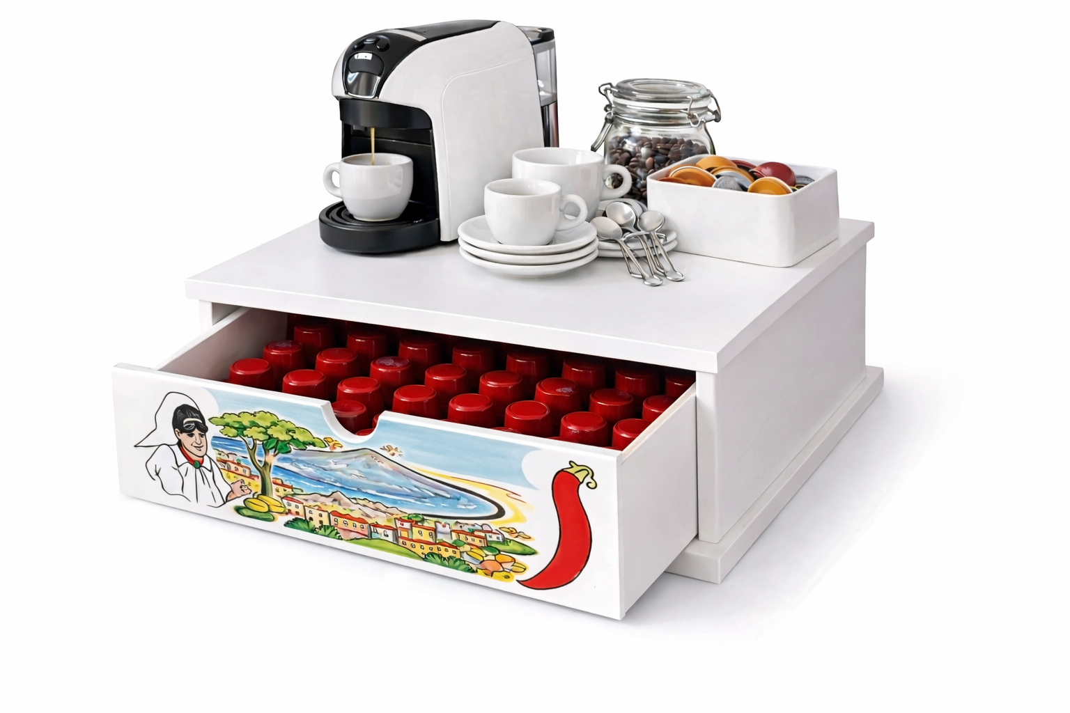 Porta Cialde e Capsule Caffè 33x33 cm in Legno con Cassetto Organizer – Decorazione Pulcinella Artigianale – Ideale per Cucina, Casa e Ufficio