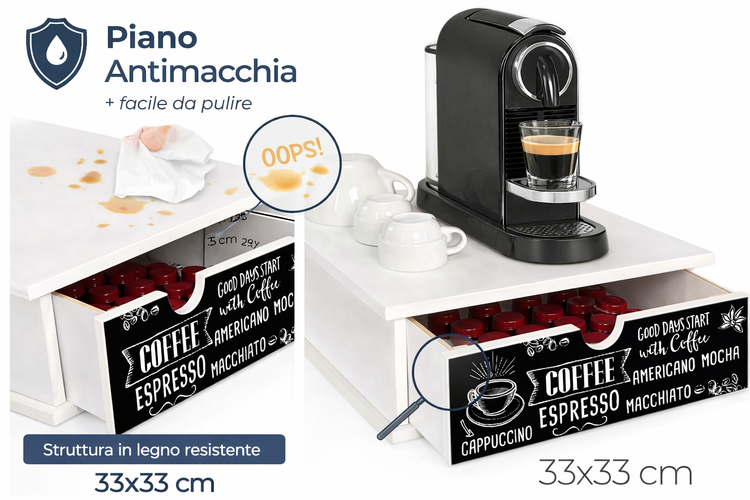 Porta Cialde e Capsule Caffè 33x33 cm in Legno con Cassetto Organizer – Piano Antimacchia e Decorazione Coffee Artigianale – Perfetto per Cucina, Casa e Ufficio