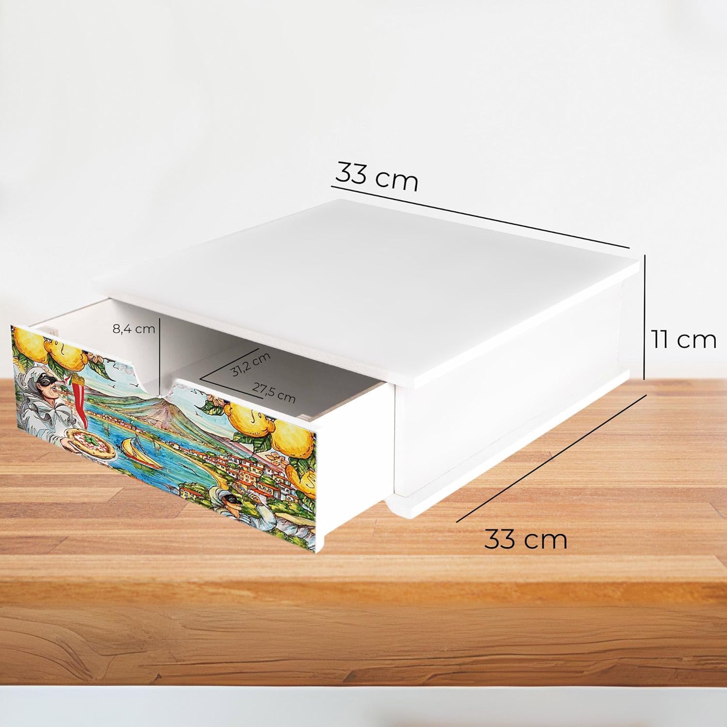 Porta Cialde e Capsule Caffè 33x33 cm in Legno con Cassetto Organizer – Decorazione Pulcinella Artigianale – Ideale per Cucina, Casa e Ufficio