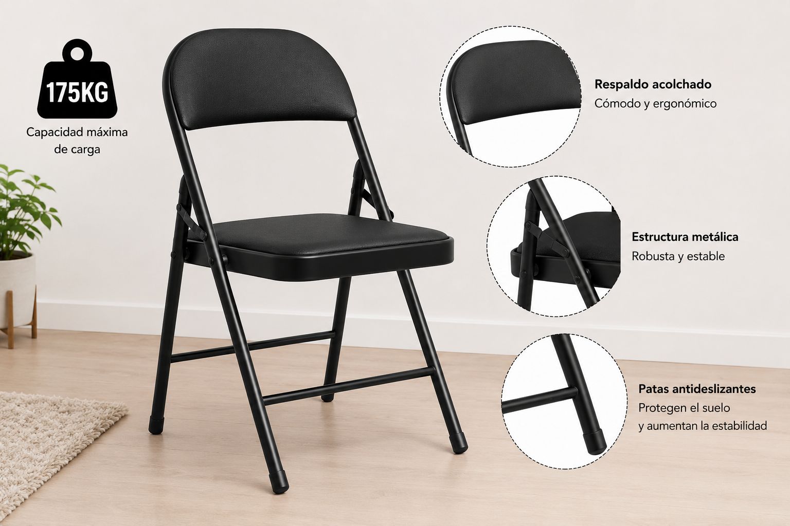 Set da 6 Sedie Pieghevoli Imbottite in PU Nero – Struttura in Metallo Rinforzata, Portata 175 kg, Salvaspazio per Casa, Ufficio, Eventi e Giardino