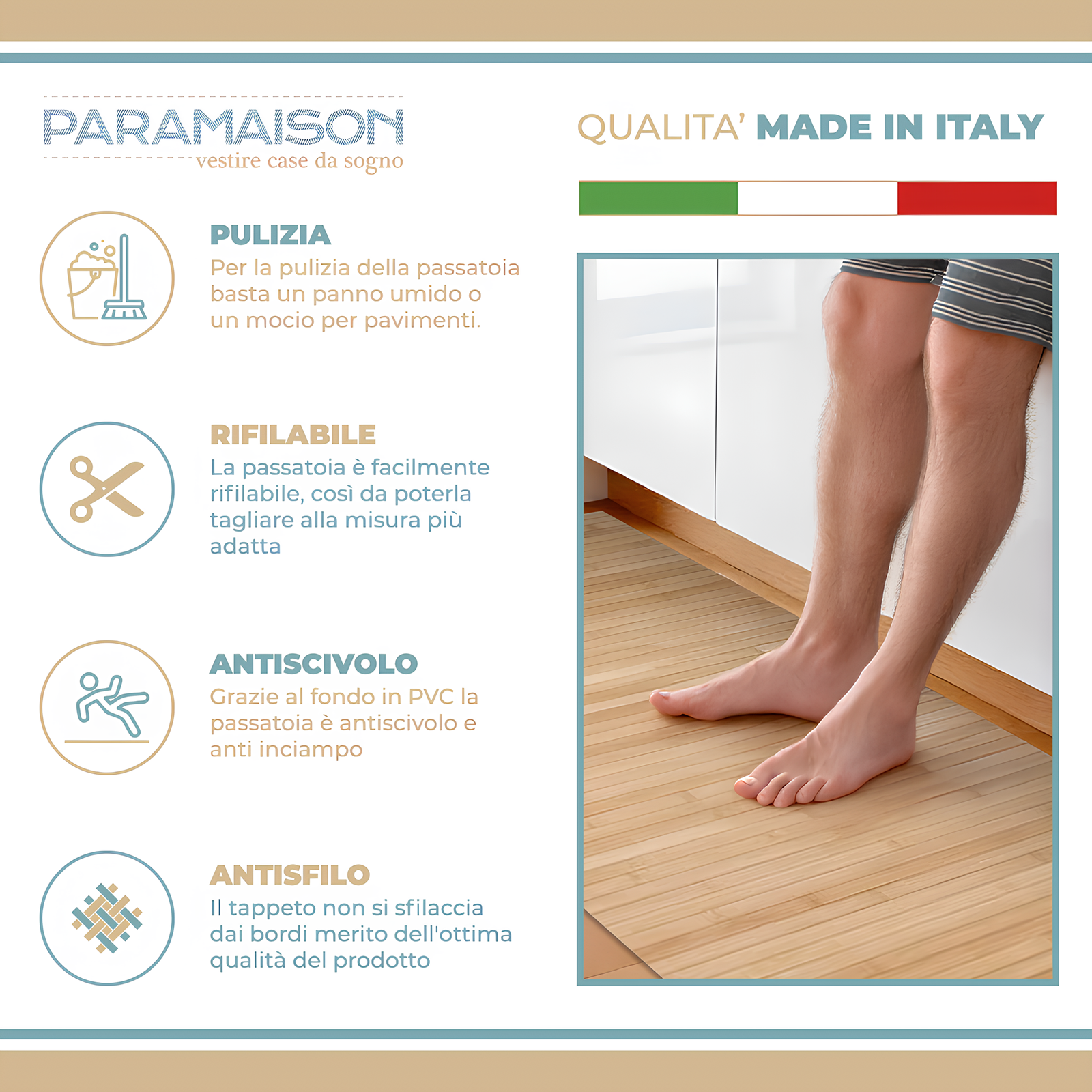 Tappeto Passatoia cucina a metraggio in bamboo Cucina Antiscivolo Lavabile Antimacchia Multiuso