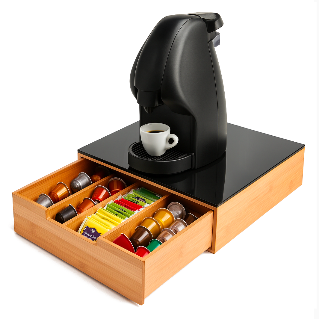 Porta Cialde e Capsule in Bamboo con Cassetto Organizer Caffè Stile Moderno con Piano in Vetro Temperato Nero 30×30×10 cm