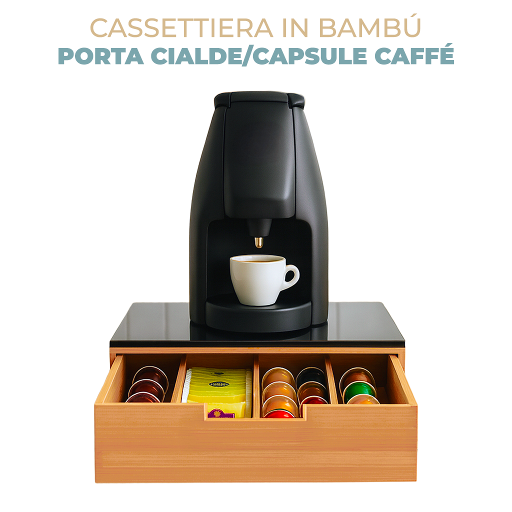 Porta Cialde e Capsule in Bamboo con Cassetto Organizer Caffè Stile Moderno con Piano in Vetro Temperato Nero 30×30×10 cm