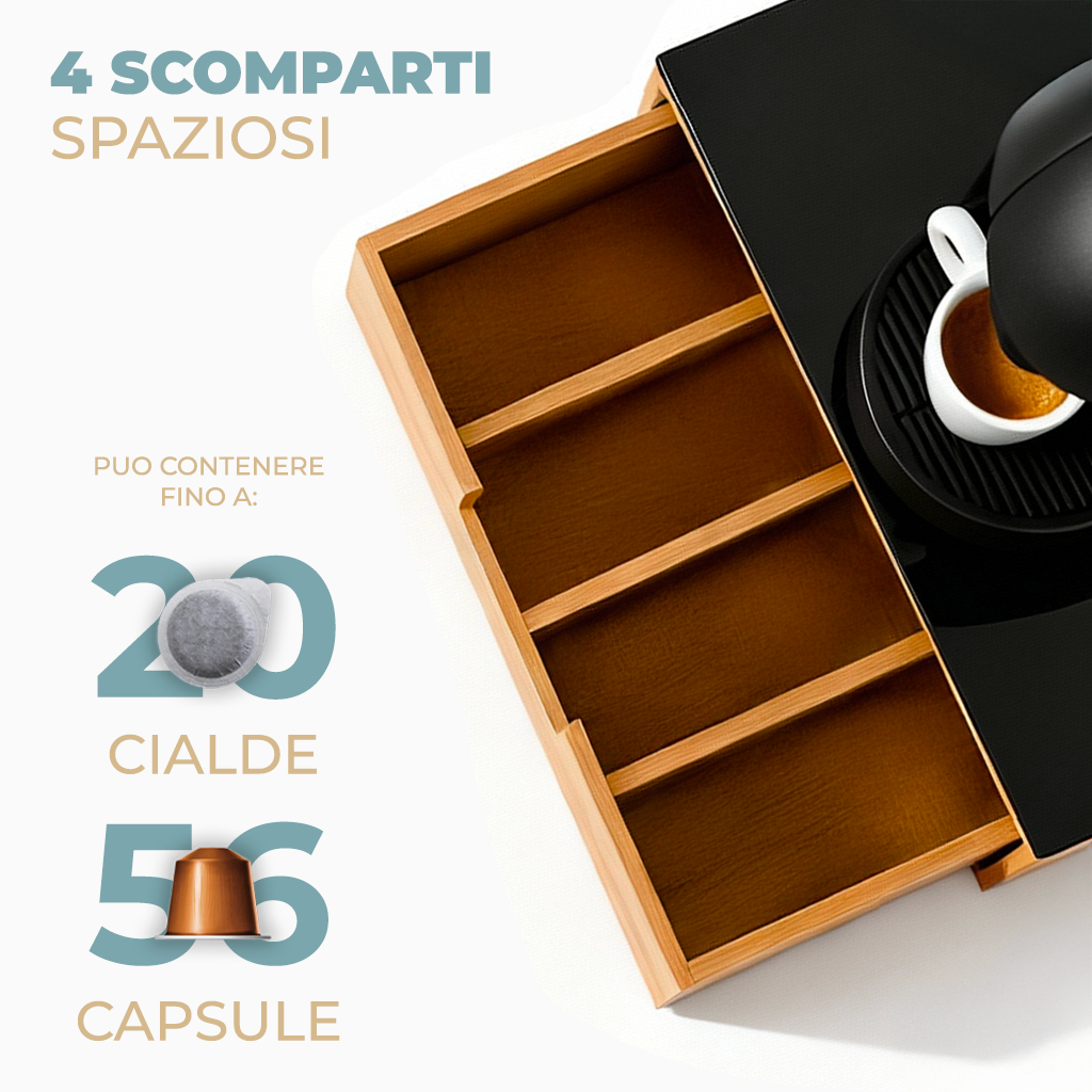Porta Cialde e Capsule in Bamboo con Cassetto Organizer Caffè Stile Moderno con Piano in Vetro Temperato Nero 30×30×10 cm