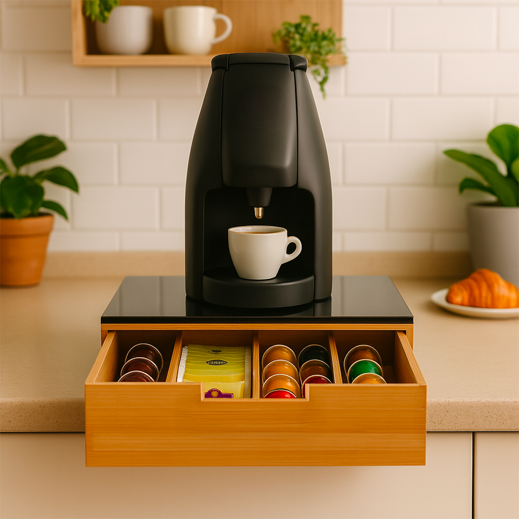 Porta Cialde e Capsule in Bamboo con Cassetto Organizer Caffè Stile Moderno con Piano in Vetro Temperato Nero 30×30×10 cm