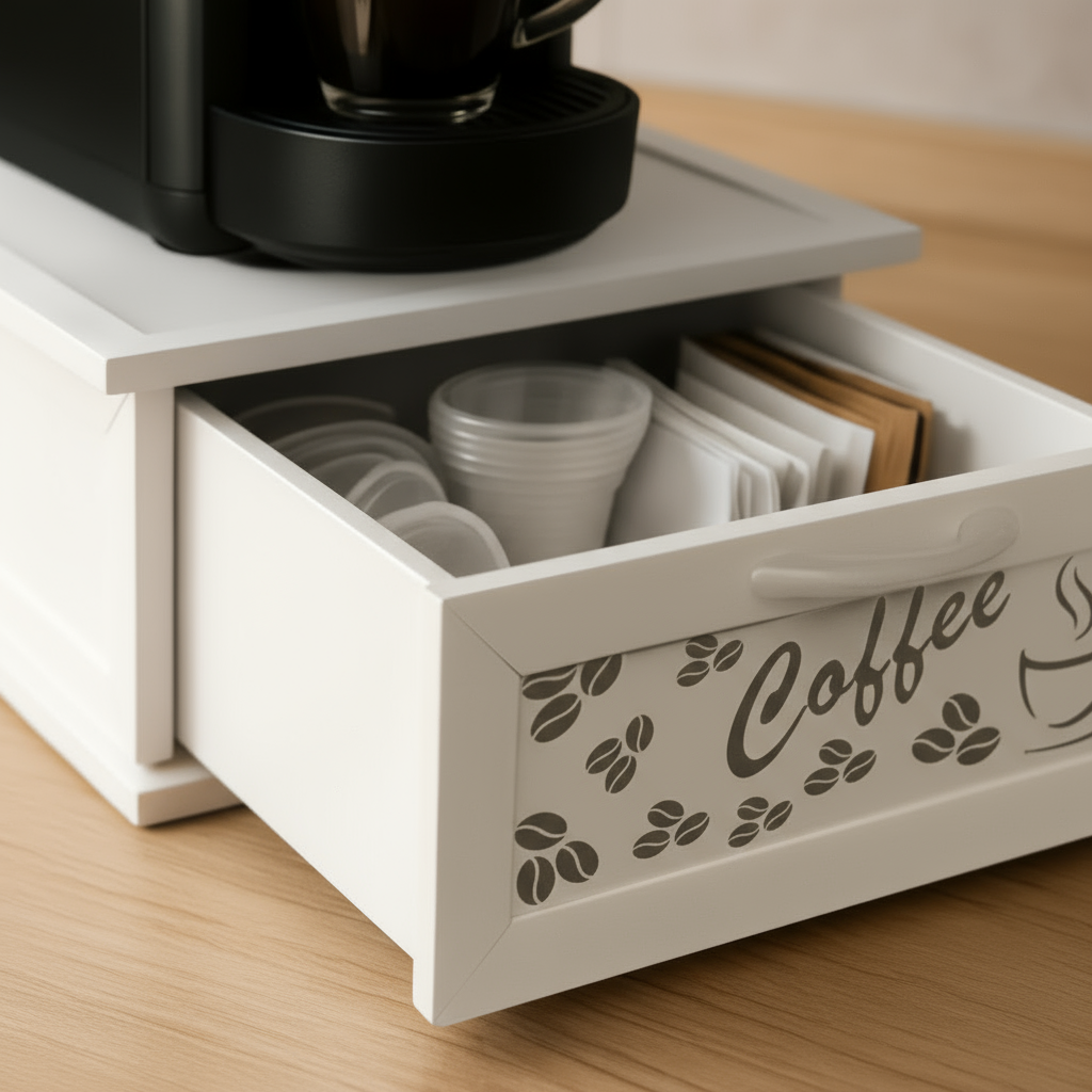 Porta Cialde e Capsule in Legno con Cassetto a 2 Scomparti Scritta Coffee Organizer Caffè in Vari Colori Stile Shabby Chic