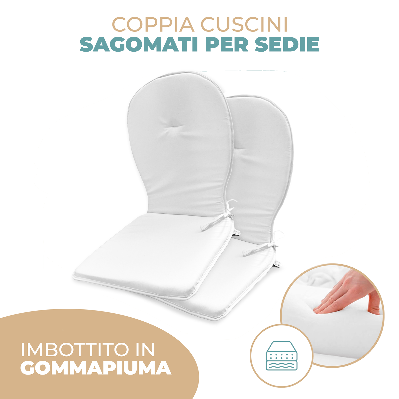 Cuscino Sagomato con Schienale Set da 2 Pezzi Stondato con Laccetti 38x38x42cm
