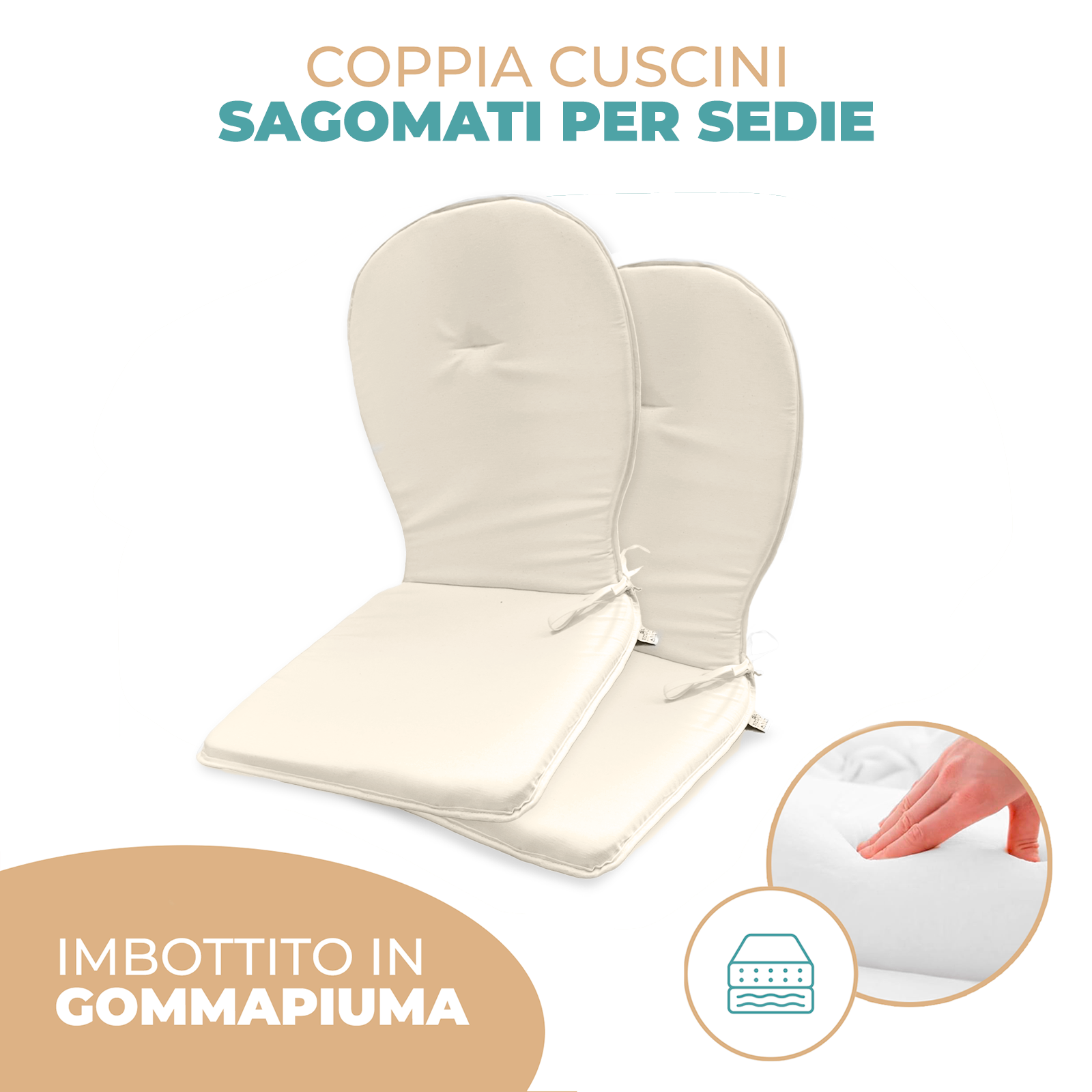Cuscino Sagomato con Schienale Set da 2 Pezzi Stondato con Laccetti 38x38x42cm