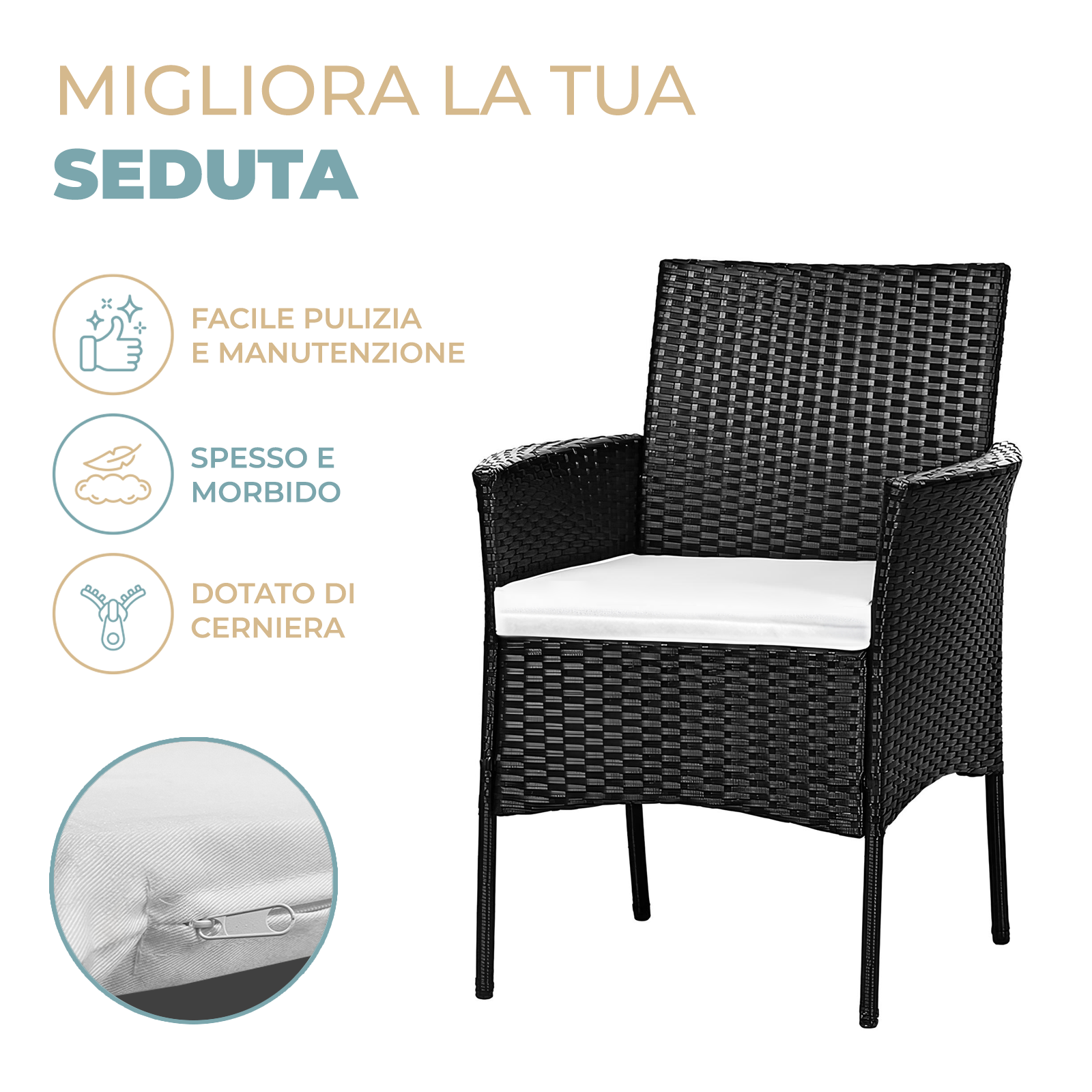 Set 4 Cuscini da Esterno per Salottino in Rattan 58×51 cm – Sfoderabili, Tessuto in Poliestere, Spessore 5 cm, Made in Italy
