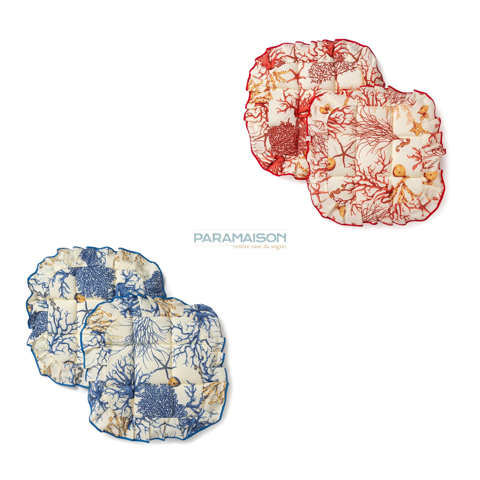 Cuscini coprisedie trapuntati 40x40x4,5 4 alette blu e rosso linea Coralli