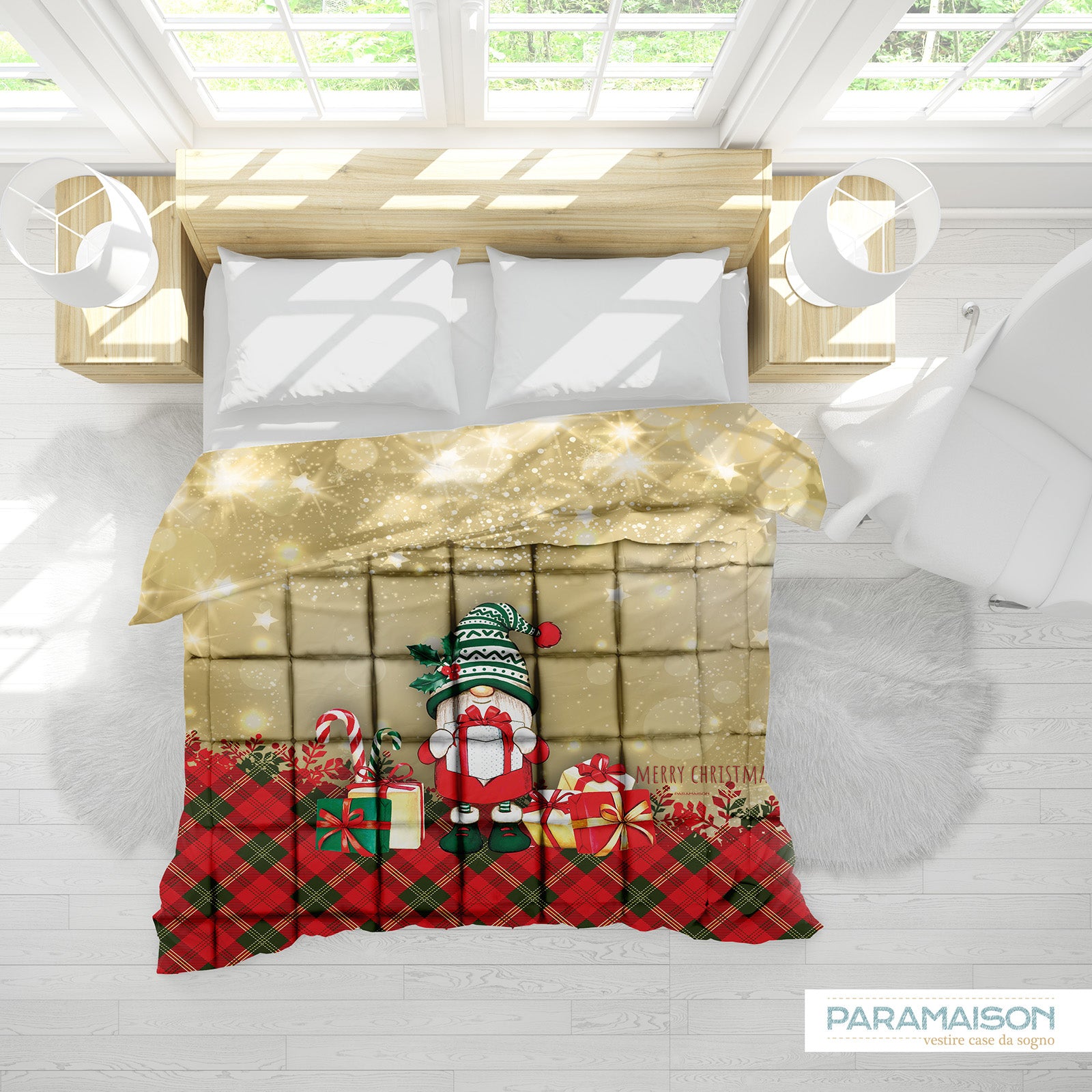 Trapunta Matrimoniale Natalizia Gnomo Piumone Invernale Stampa Digitale 100% Microfibra Anallergica 300 Gr/Mq Made in Italy