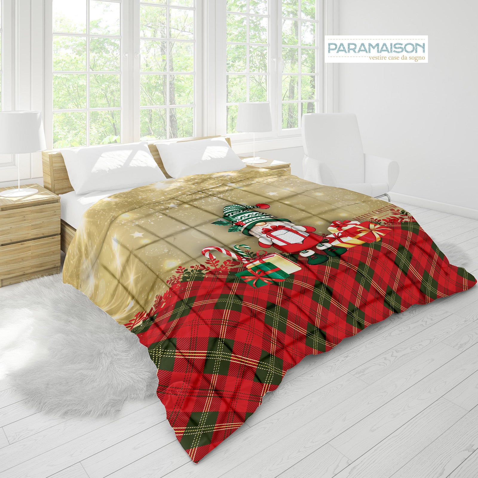 Trapunta Matrimoniale Natalizia Gnomo Piumone Invernale Stampa Digitale 100% Microfibra Anallergica 300 Gr/Mq Made in Italy