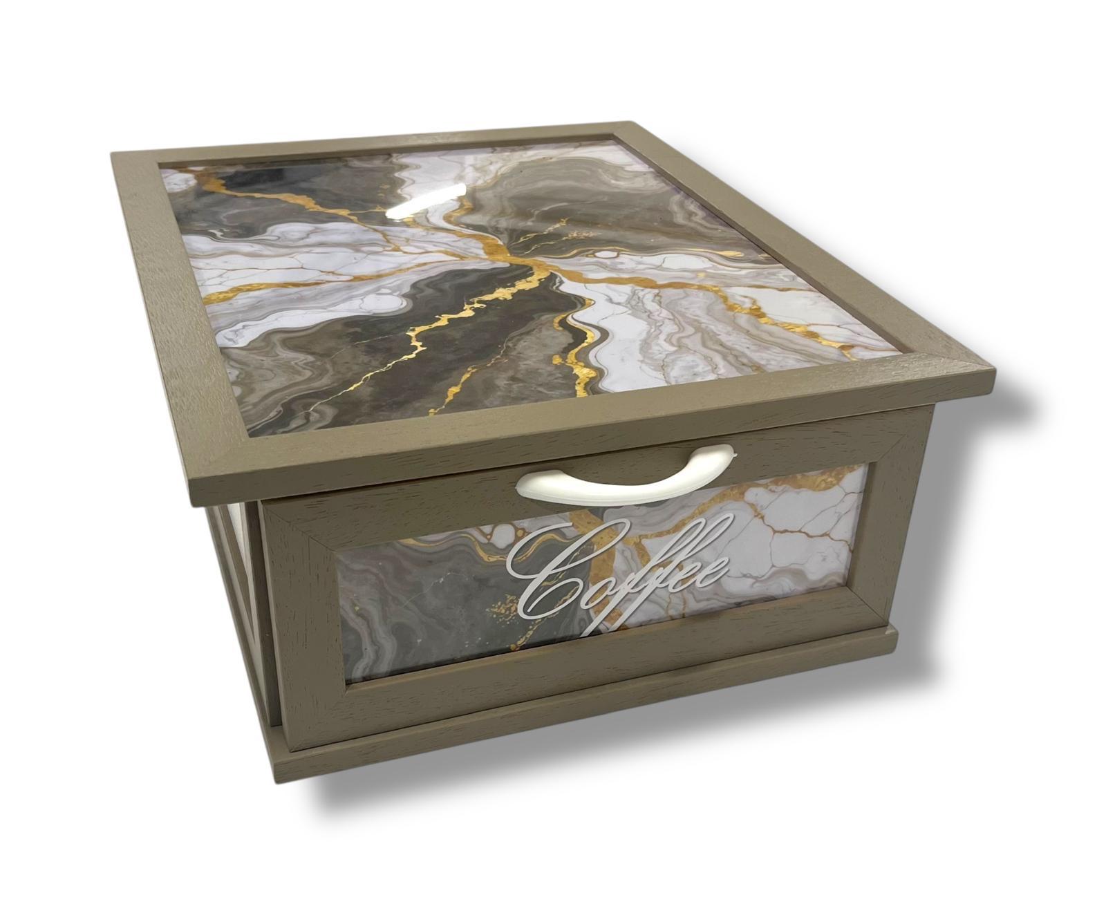 Porta Cialde e Capsule Caffè in Legno con Cassetto a 2 Scomparti – Organizer Shabby Chic con Scritta “COFFEE” – Vari Colori