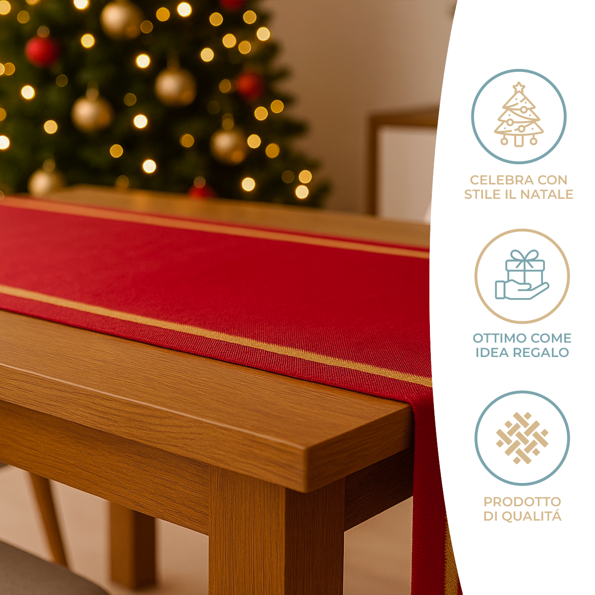 Runner Natalizio Rosso 145x45 cm con Filo Lurex Oro/Argento – Elegante Decorazione per la Tavola delle Feste