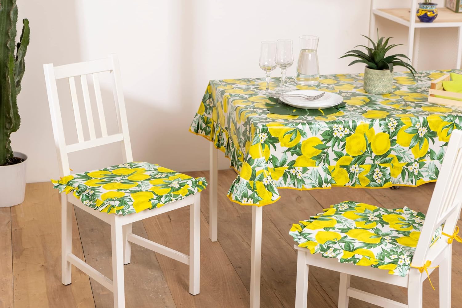 Set 6 Cuscini Coprisedia Shabby Chic Country con Limoni 40x40 cm Volant ai Bordi Imbottiti Sfoderabili e con Laccetti