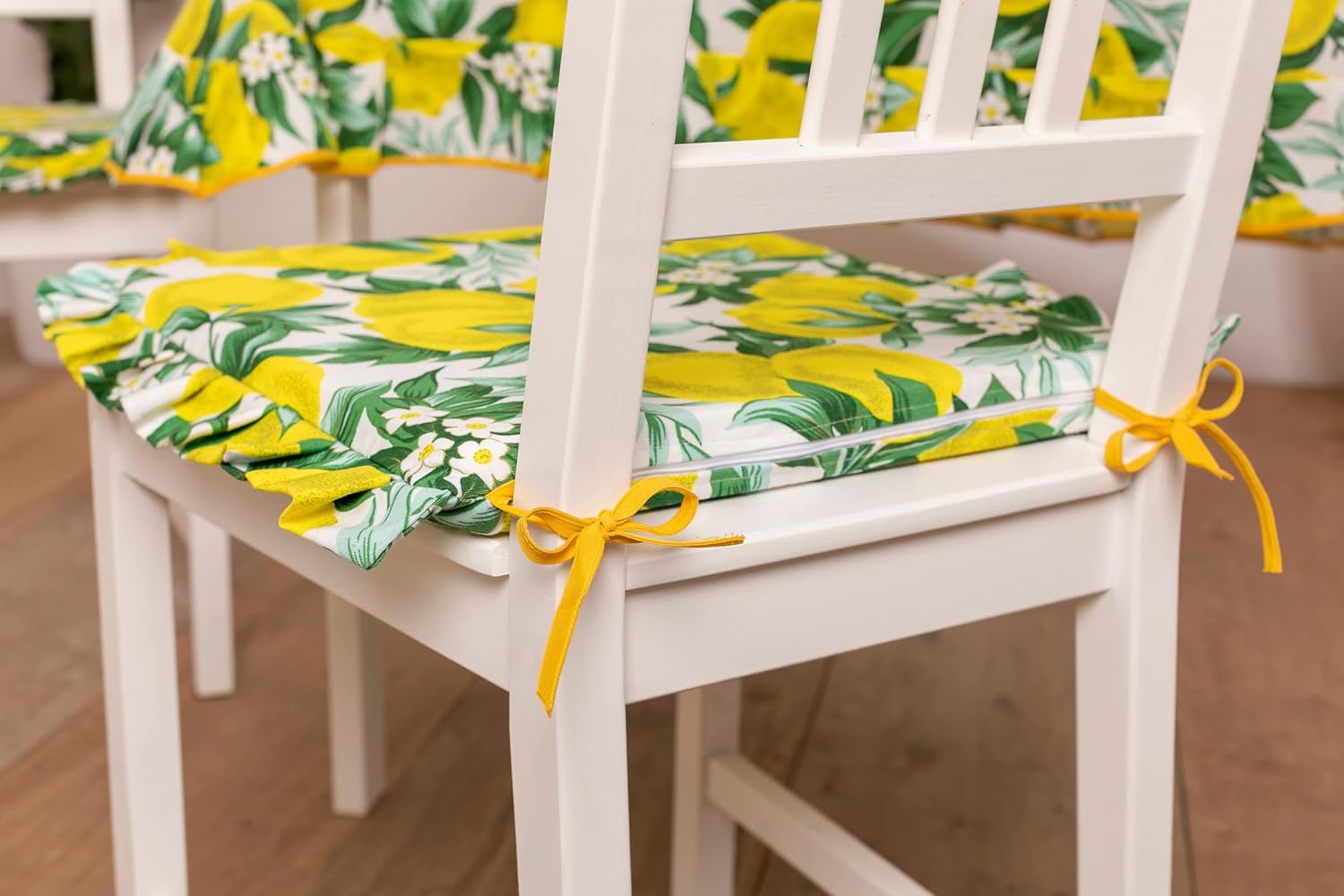 Set 6 Cuscini Coprisedia Shabby Chic Country con Limoni 40x40 cm Volant ai Bordi Imbottiti Sfoderabili e con Laccetti