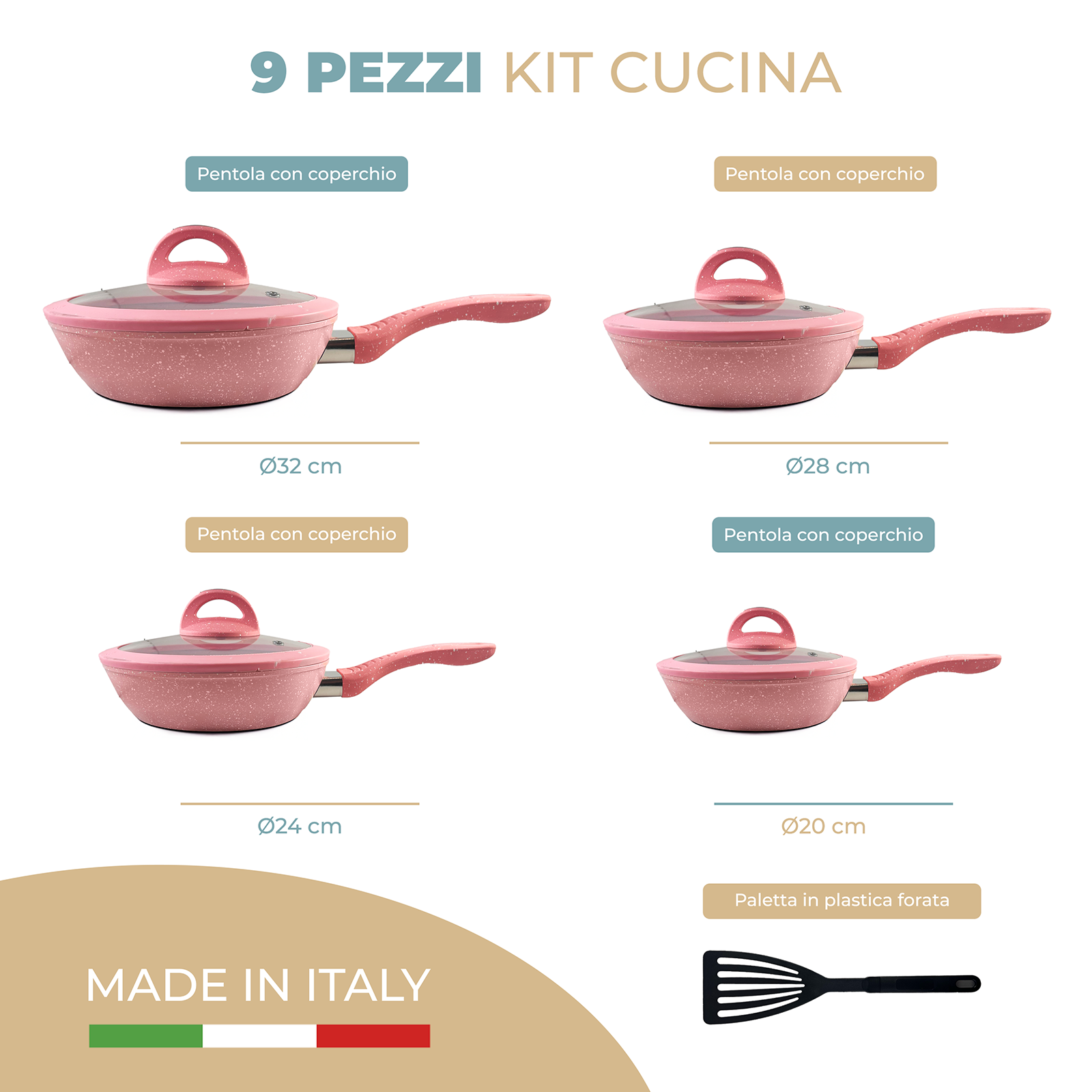 Set Padelle Antiaderenti 9 Pezzi con Coperchi in Vetro Temperato Mono Manico Removibile Senza PFOA Colore Rosa
