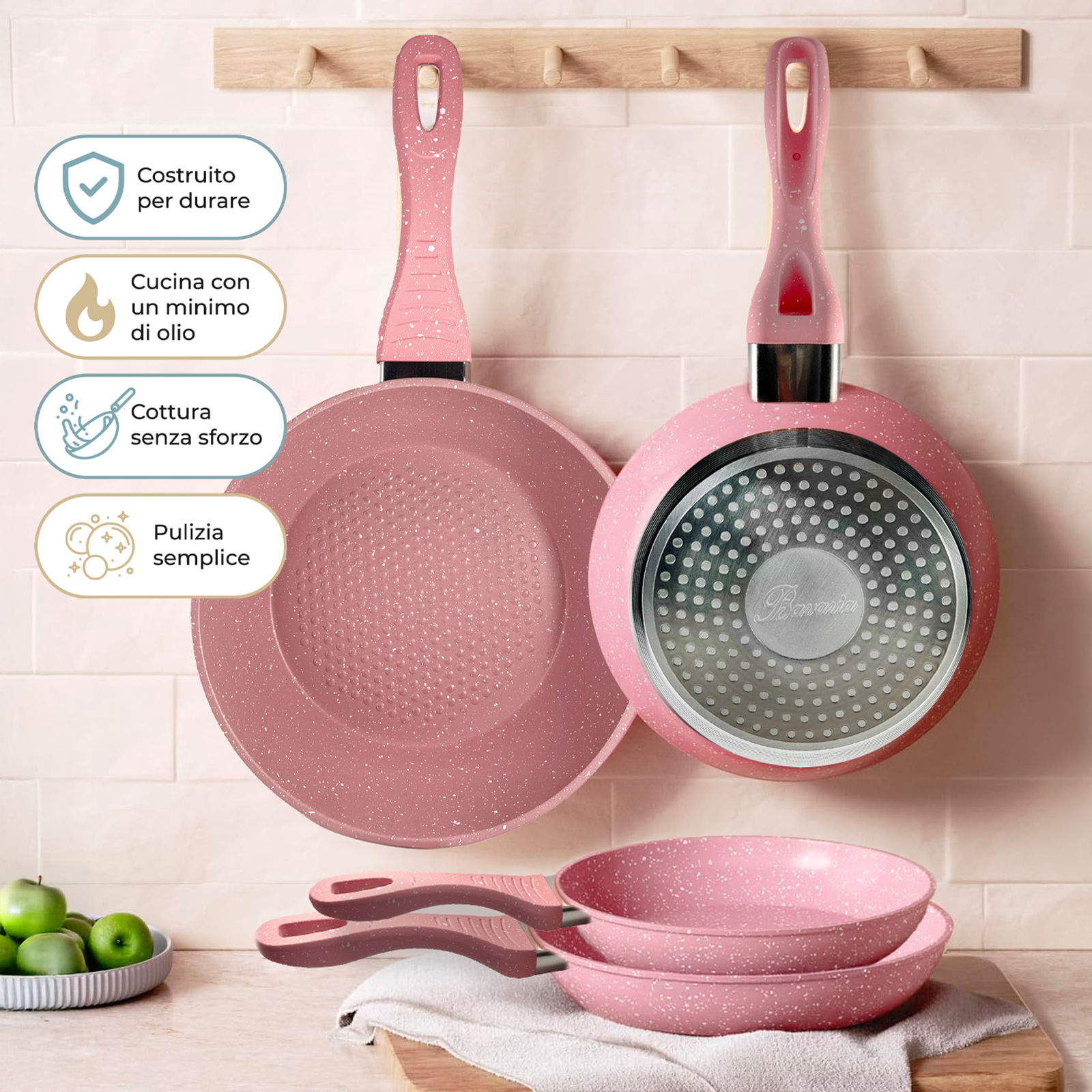 Set Padelle Antiaderenti 9 Pezzi con Coperchi in Vetro Temperato Mono Manico Removibile Senza PFOA Colore Rosa