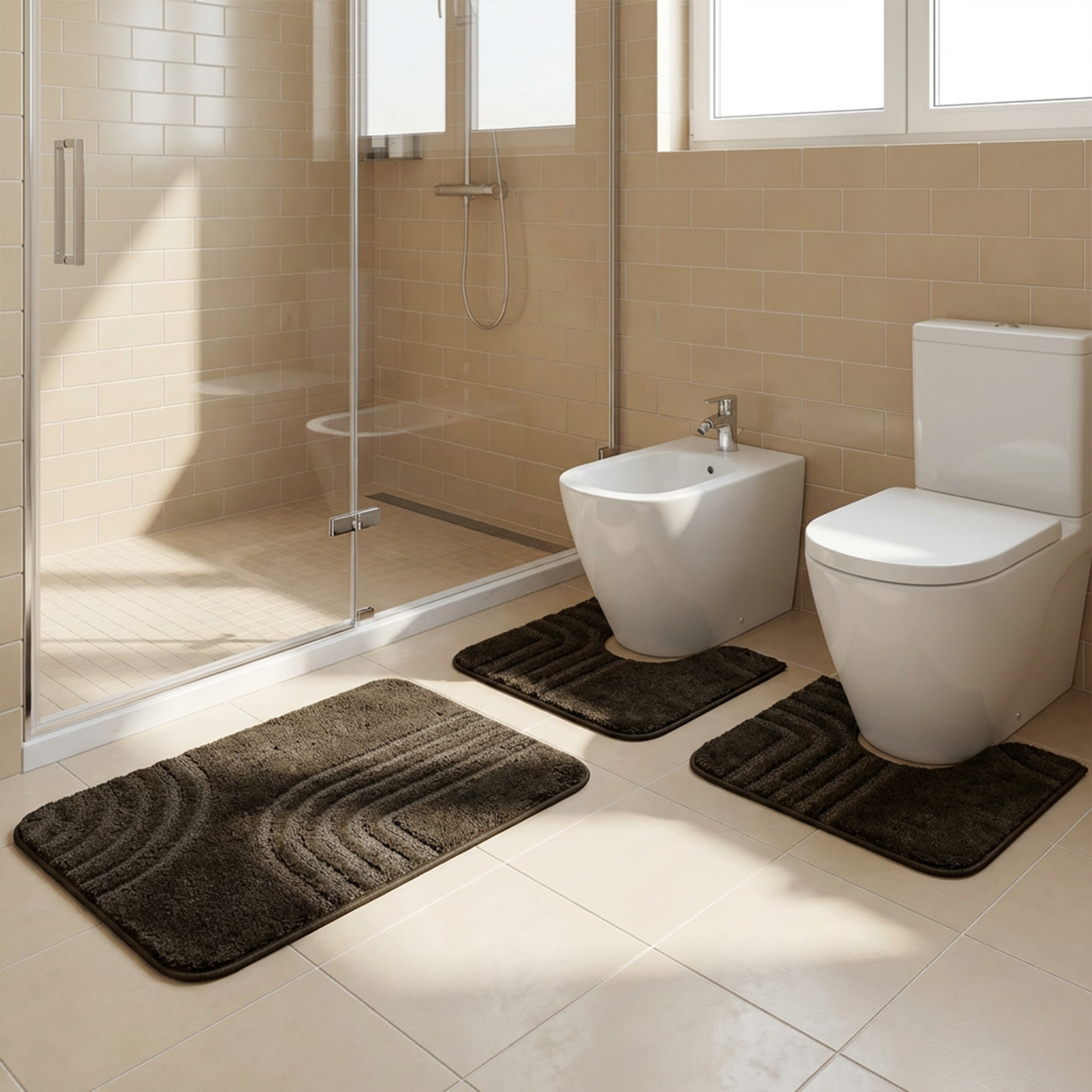 Set Tappeti Bagno 3 Pezzi Antiscivolo Morbidi in Polipropilene Made in Italy 2 Tappeti 37,5x45 cm + 1 Tappeto 45x75 cm