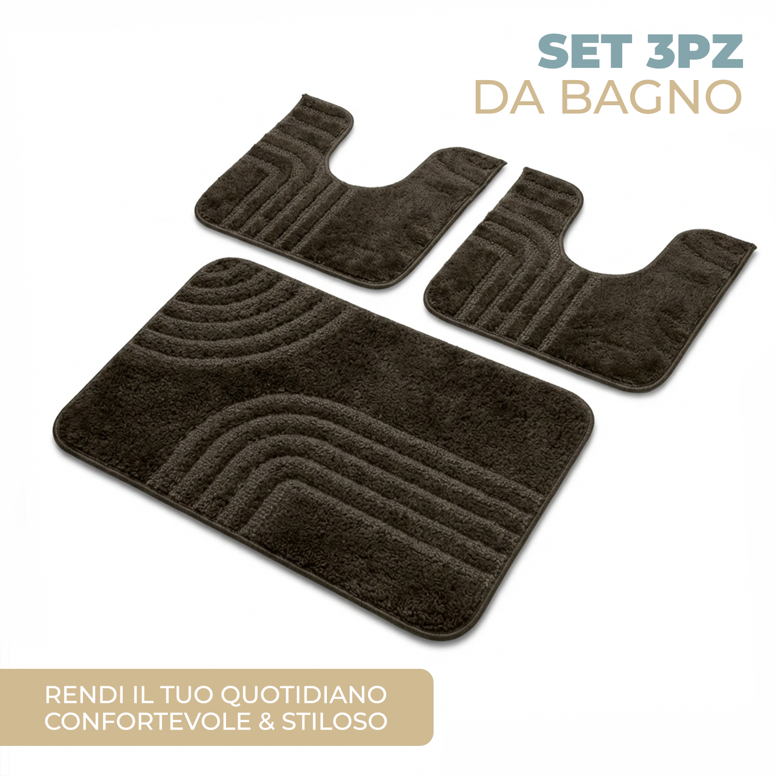 Set Tappeti Bagno 3 Pezzi Antiscivolo Morbidi in Polipropilene Made in Italy 2 Tappeti 37,5x45 cm + 1 Tappeto 45x75 cm