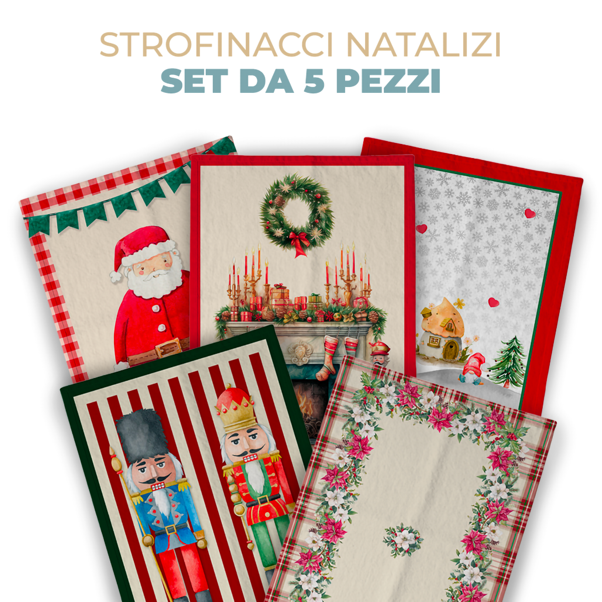 Set 5 Strofinacci Natalizi 50x80 cm in Cotone – Canovacci Assorbenti con Stampa Digitale | Idea Regalo Natale