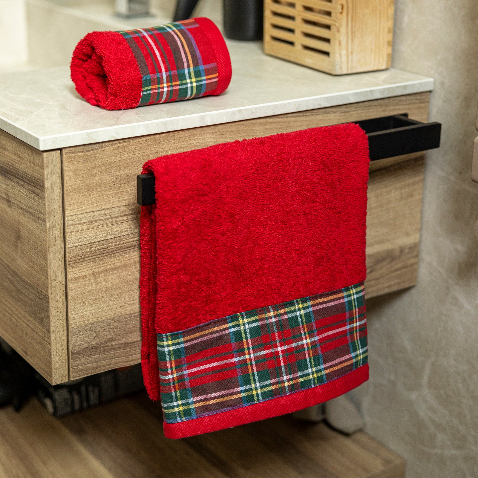 Set asciugamani 1+1 natalizio Tartan scozzese in spugna di cotone