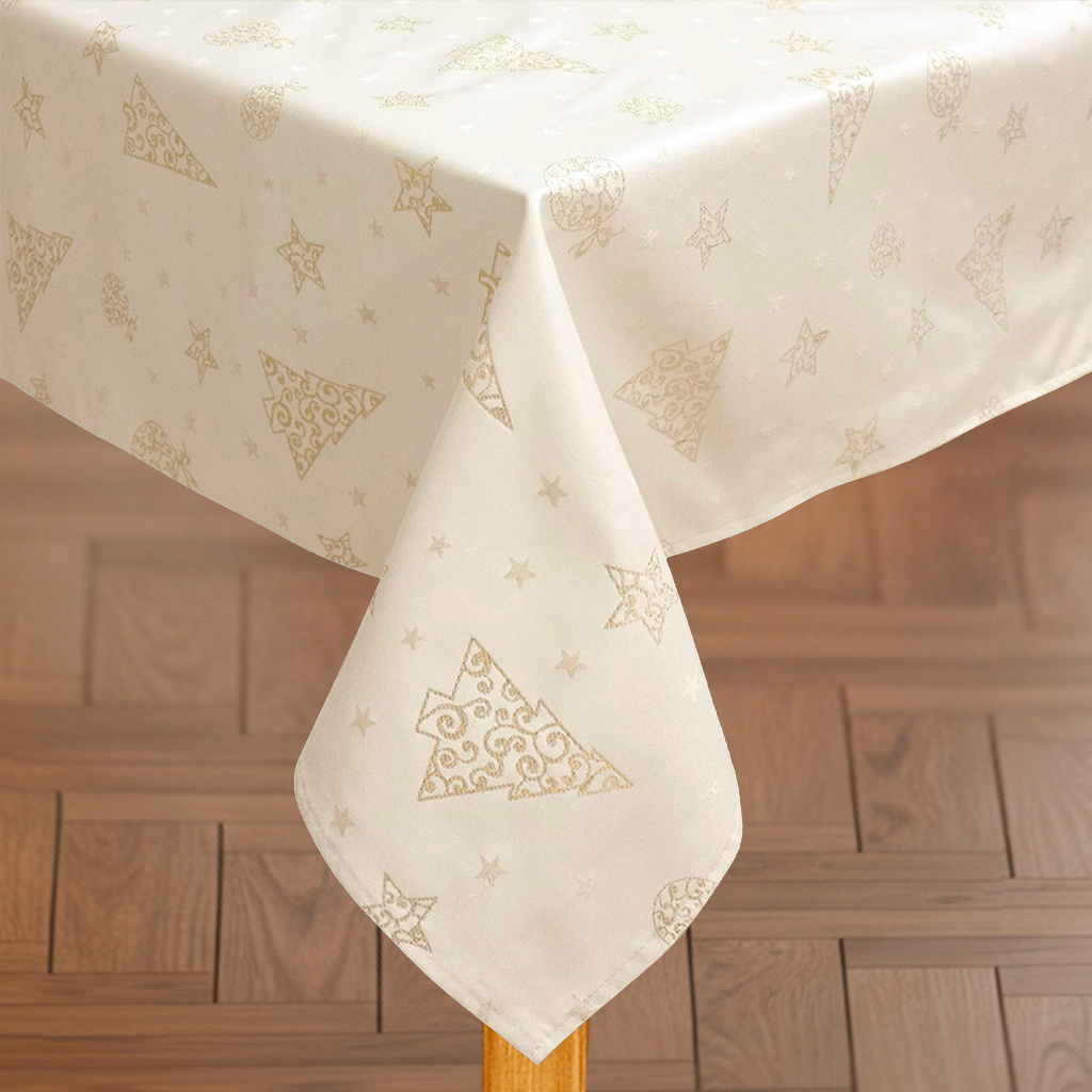 Tovaglia Natalizia in Raso 24 Posti 140x450 cm Elegante con Glitter Lurex Oro e Motivo a Stelle Made in Italy