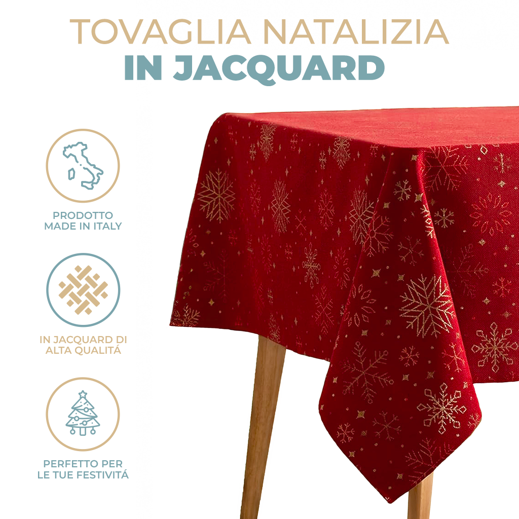 Tovaglia Natalizia in Cotone 6 Posti 140x180 cm Elegante con Glitter Lurex Oro e Motivo Fiocco di Neve Made in Italy Vari colori