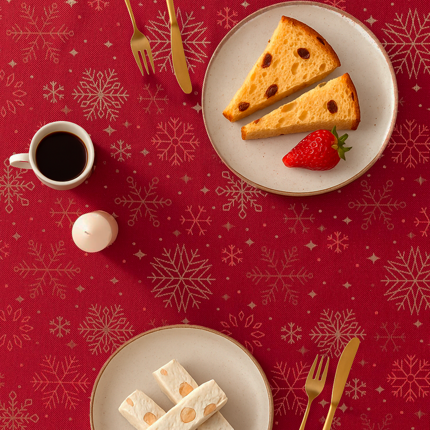 Tovaglia Natalizia in Cotone 6 Posti 140x180 cm Elegante con Glitter Lurex Oro e Motivo Fiocco di Neve Made in Italy Vari colori