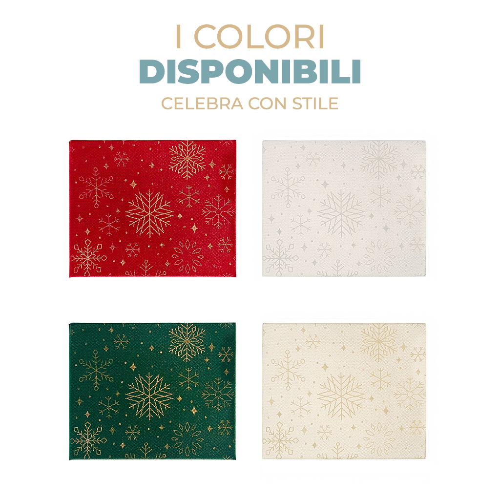 Tovaglia Natalizia in Cotone 6 Posti 140x180 cm Elegante con Glitter Lurex Oro e Motivo Fiocco di Neve Made in Italy Vari colori