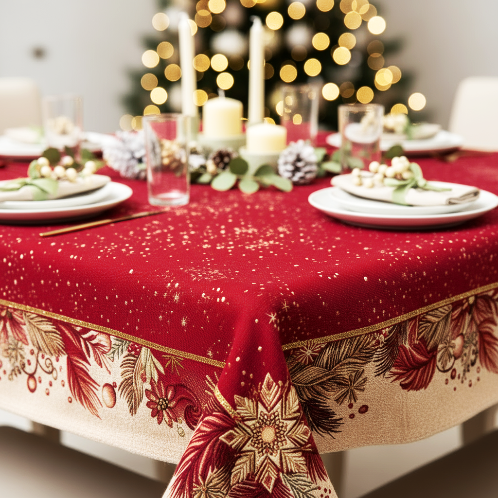 Tovaglia Natalizia Gobelin 8 Posti 140x220 cm Tessuto Jacquard Rettangolare Made in Italy Decorazione Tavola Christmas