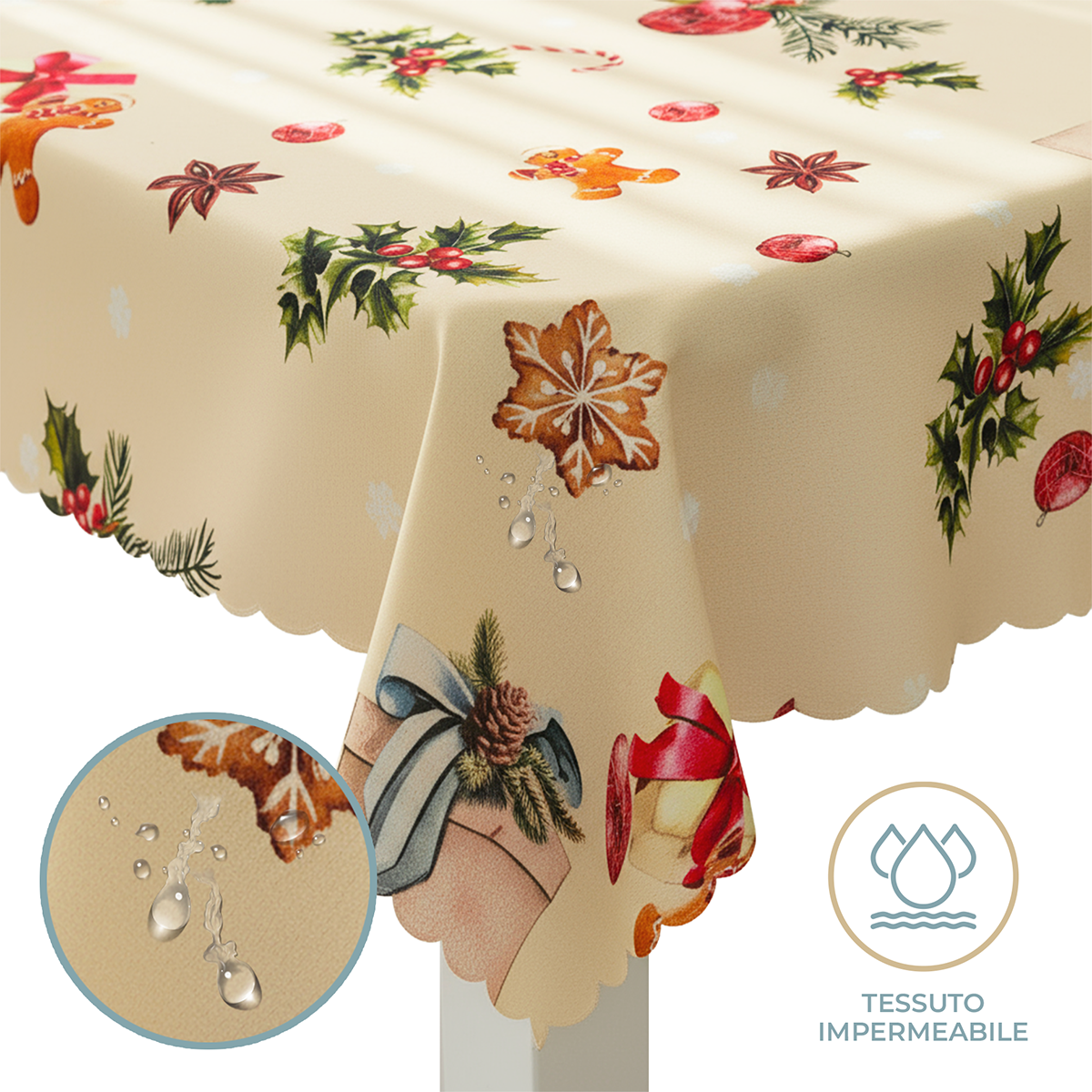 Tovaglia Cerata Natalizia in PVC 140x140 cm Copritavola Quadrato Idrorepellente Antimacchia e Antiscivolo Decorazione Tavola Natalizia Resistente ed Elegante Agrifoglio