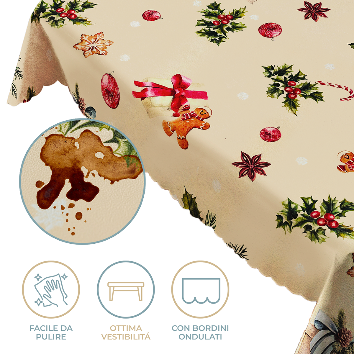 Tovaglia Cerata Natalizia in PVC 140x140 cm Copritavola Quadrato Idrorepellente Antimacchia e Antiscivolo Decorazione Tavola Natalizia Resistente ed Elegante Agrifoglio