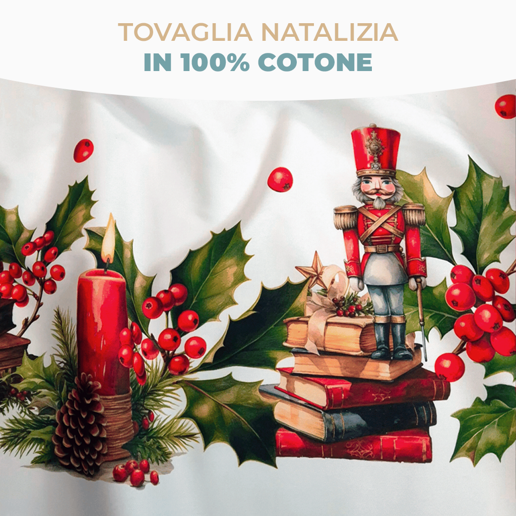 Tovaglia da Tavola Natalizia 18 Posti 140x360 cm in Cotone Stampa Digitale 3D 4K con Fiocco e Motivi di Natale