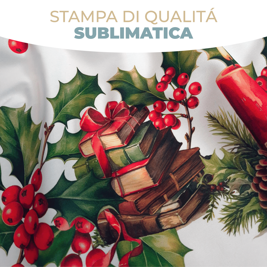 Tovaglia da Tavola Natalizia 18 Posti 140x360 cm in Cotone Stampa Digitale 3D 4K con Fiocco e Motivi di Natale