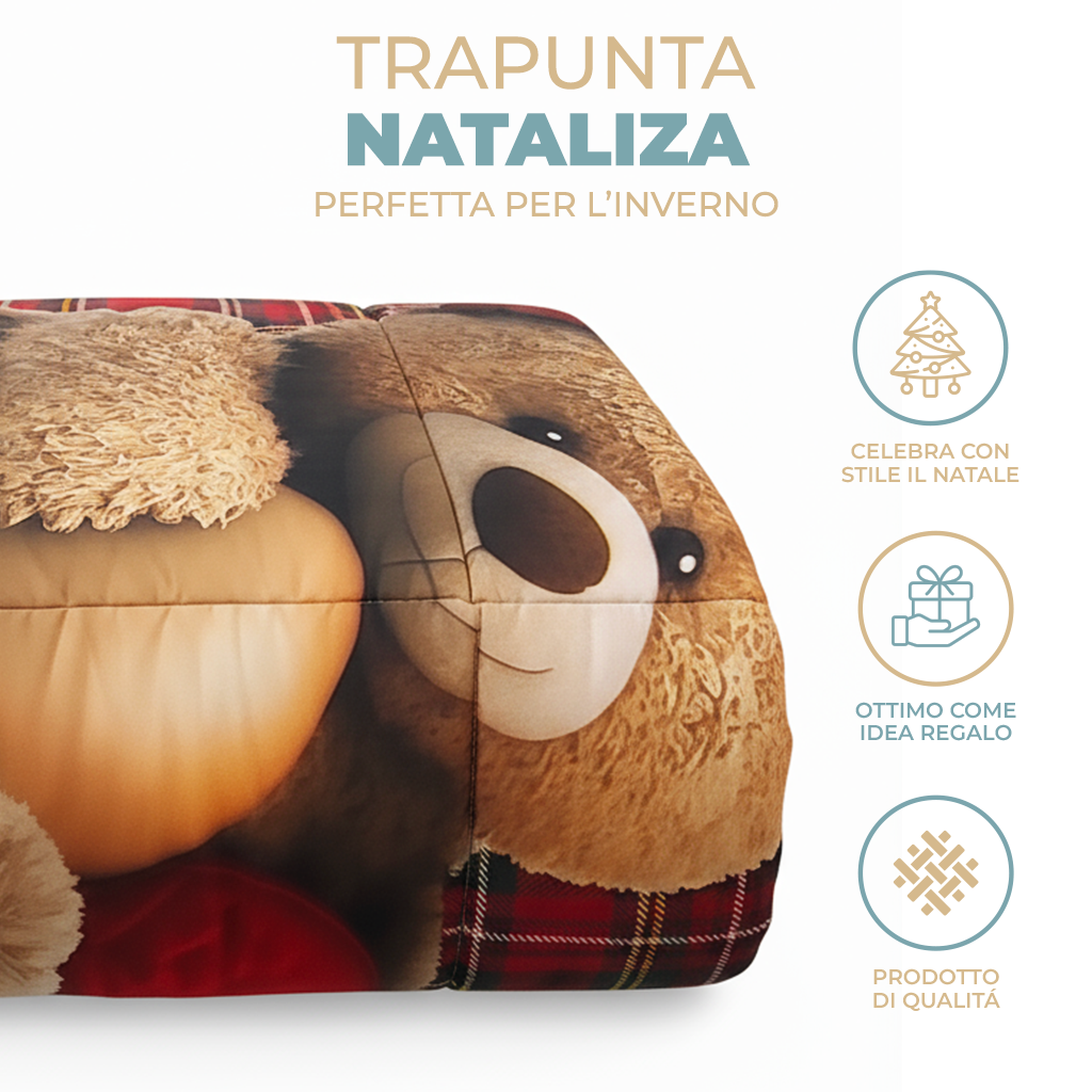 Trapunta Matrimoniale Natalizia Orsetto Teddy Stampa 3D 4K in Microfibra Made in Italy 2 Piazze