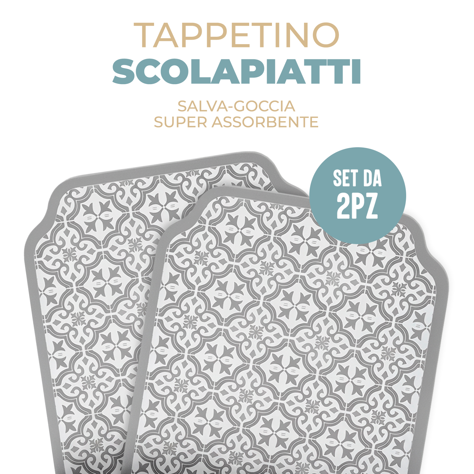 Tappetino Scolapiatti Assorbente 38x51 cm – Set 2 Pezzi Fantasia, Antibatterico, Antiscivolo e Asciugatura Rapida per Macchina da Caffè e Lavello