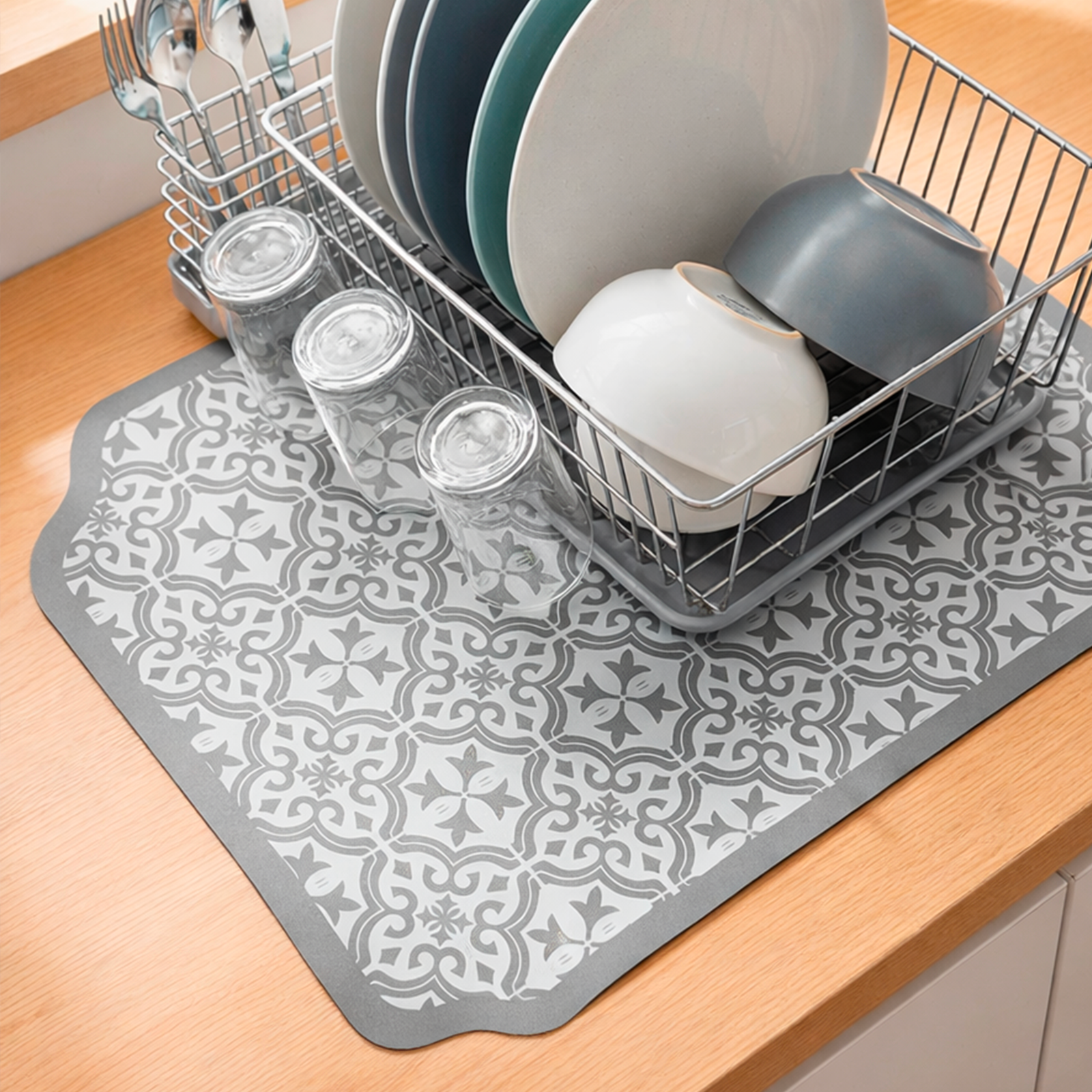 Tappetino Scolapiatti Assorbente 38x51 cm – Set 2 Pezzi Fantasia, Antibatterico, Antiscivolo e Asciugatura Rapida per Macchina da Caffè e Lavello