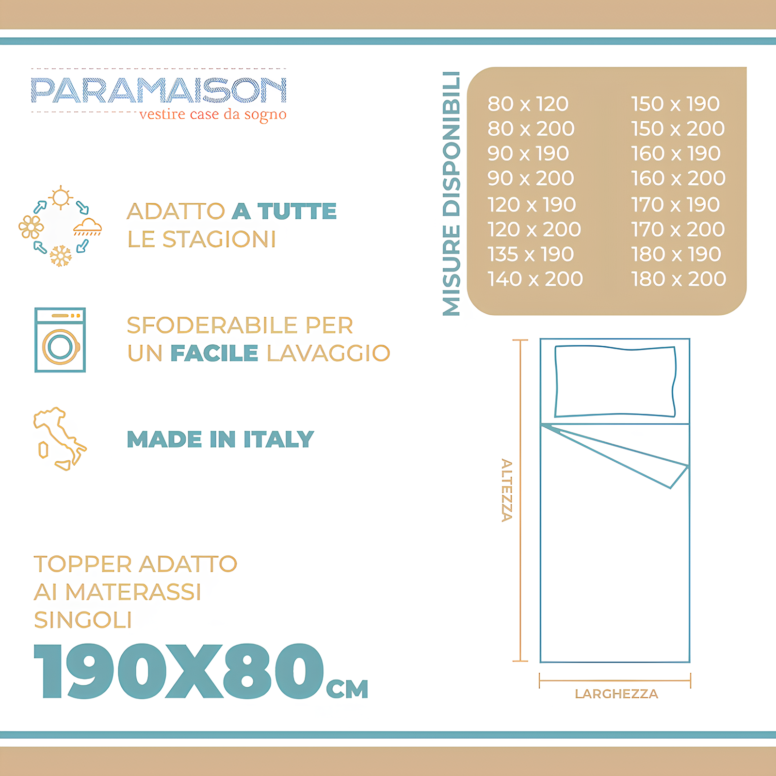 Topper correttore in memory foam da 5 cm sfoderabile in aloe vera con elastici varie misure