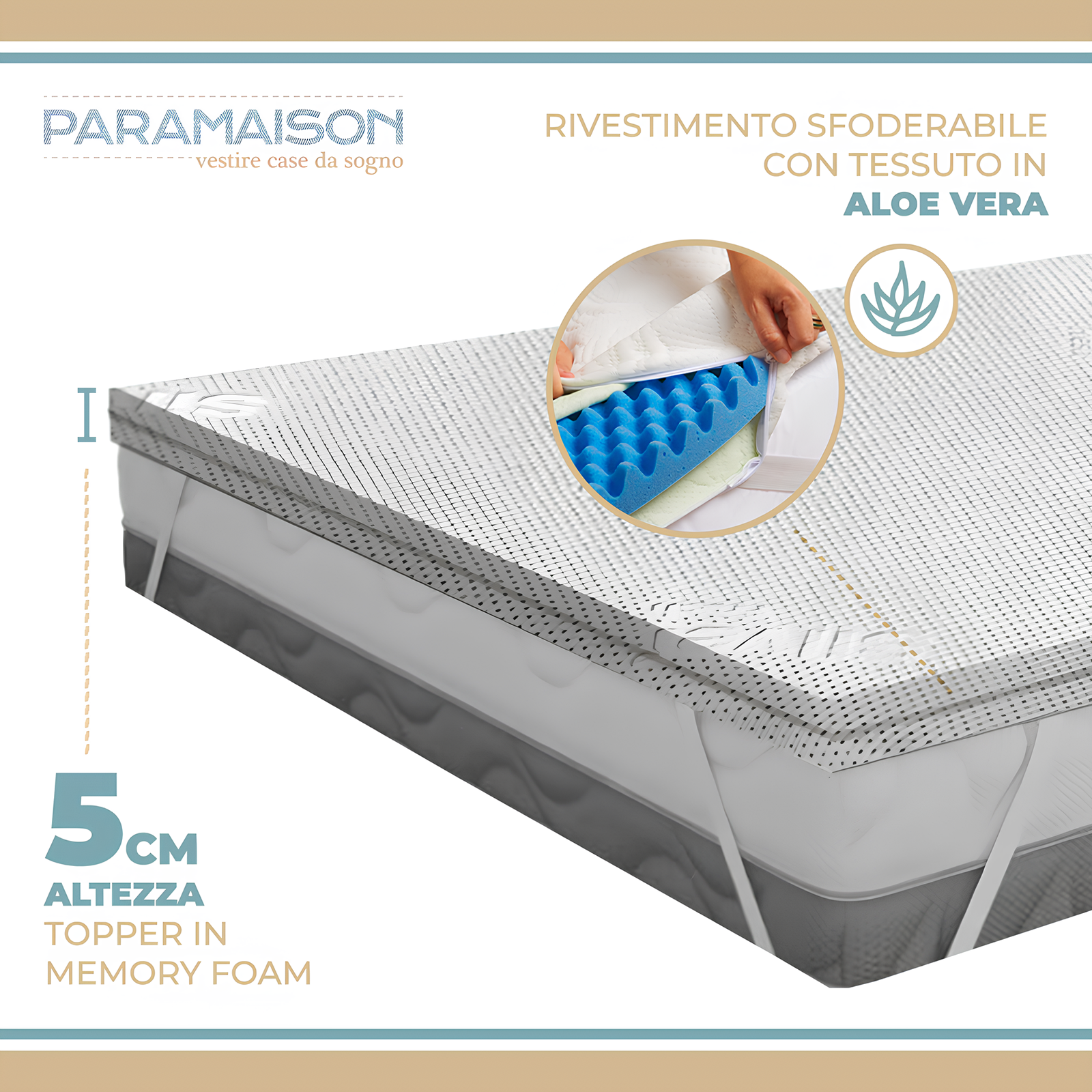 Topper correttore in memory foam da 5 cm sfoderabile in aloe vera con elastici varie misure