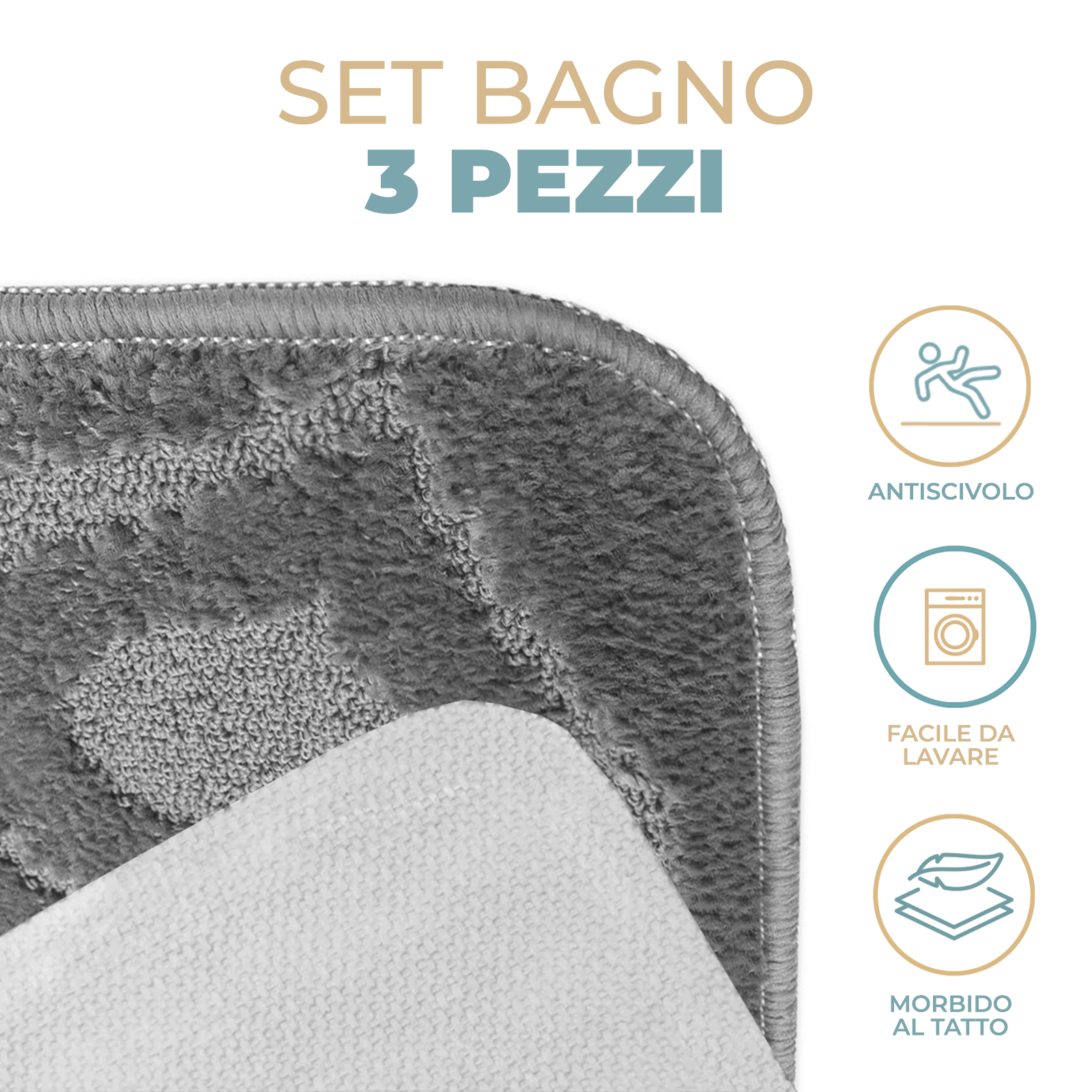 Tappeti Bagno 3 Pezzi, Coordinati Cuori Morbido Antiscivolo Pelo Corto Cuore