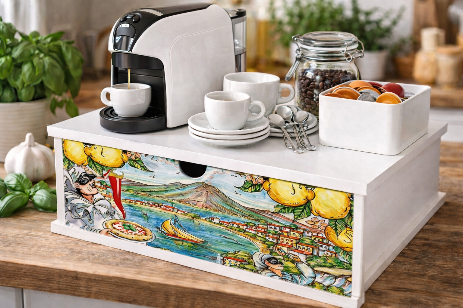 Porta Cialde e Capsule Caffè 33x33 cm in Legno con Cassetto Organizer – Decorazione Pulcinella Artigianale – Ideale per Cucina, Casa e Ufficio